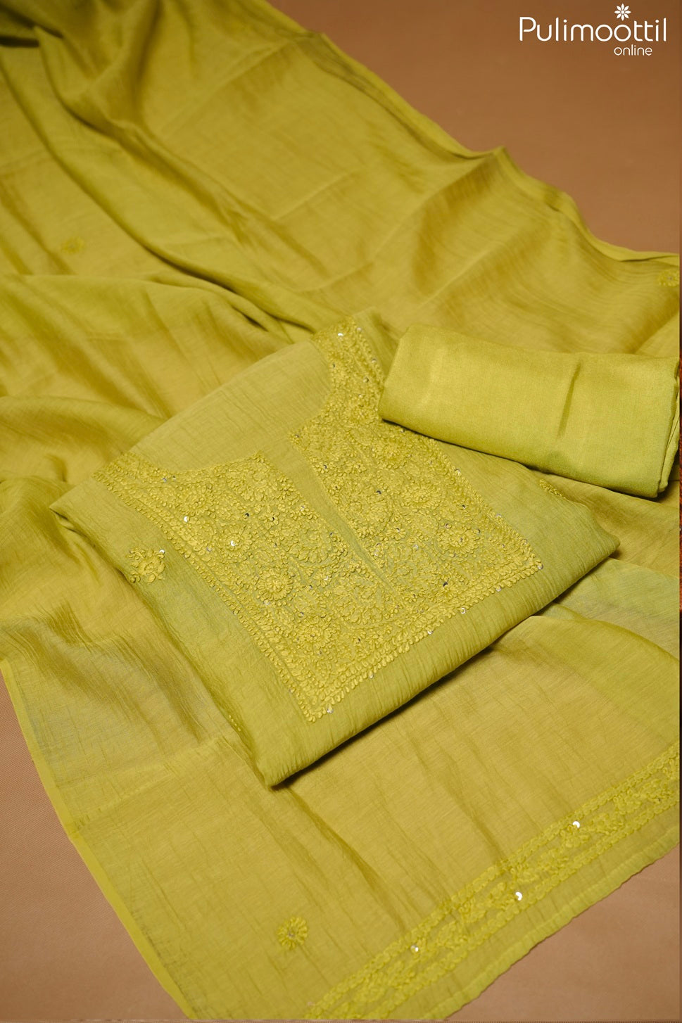 Light Olive Green Chanderi Unstitched Salwar Set