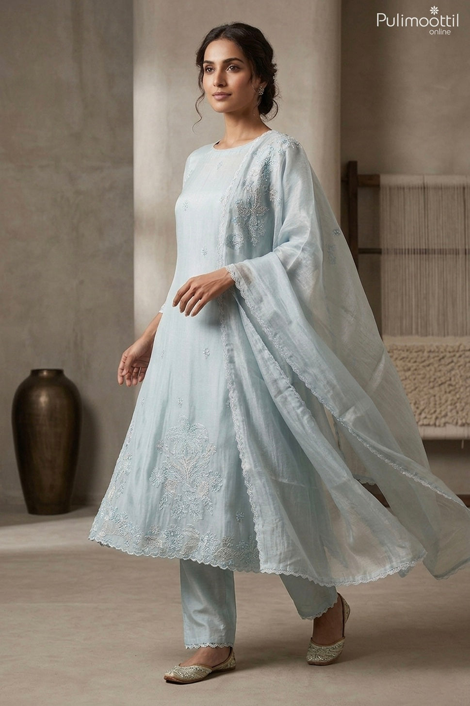 Powder Blue Shimmer Organza Unstitched Salwar Set