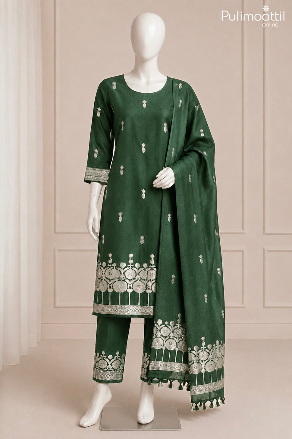 Dark Mint Green Chanderi Silk Unstitched Salwar Set
