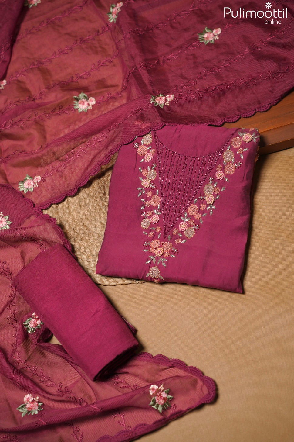 Maroon Blended Chanderi Unstitched Salwar Set