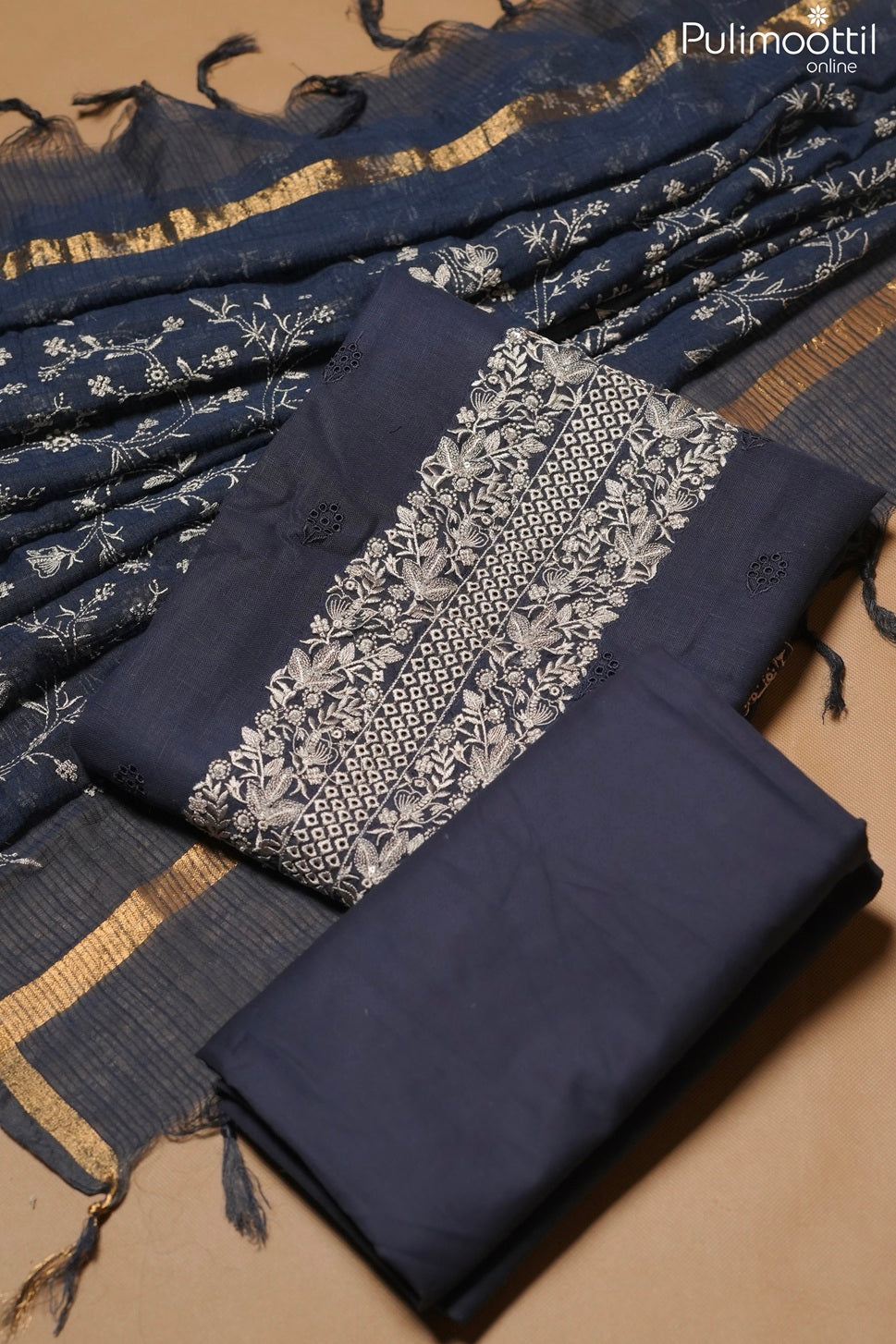 Dark Blue Linen Unstitched Salwar Set