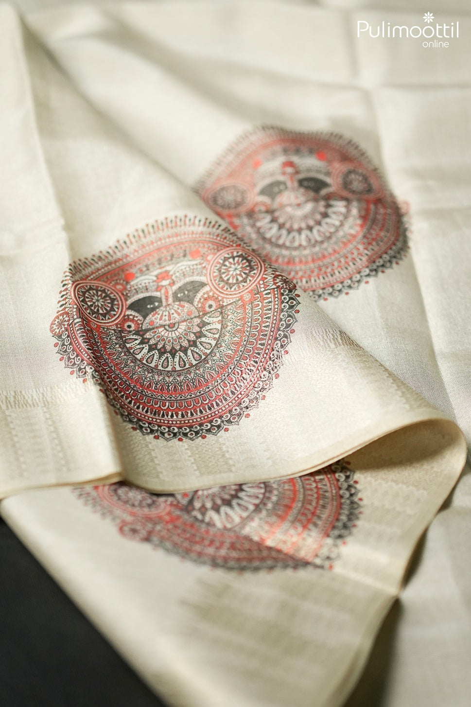 White golden tissue Theyyam print fancy saree