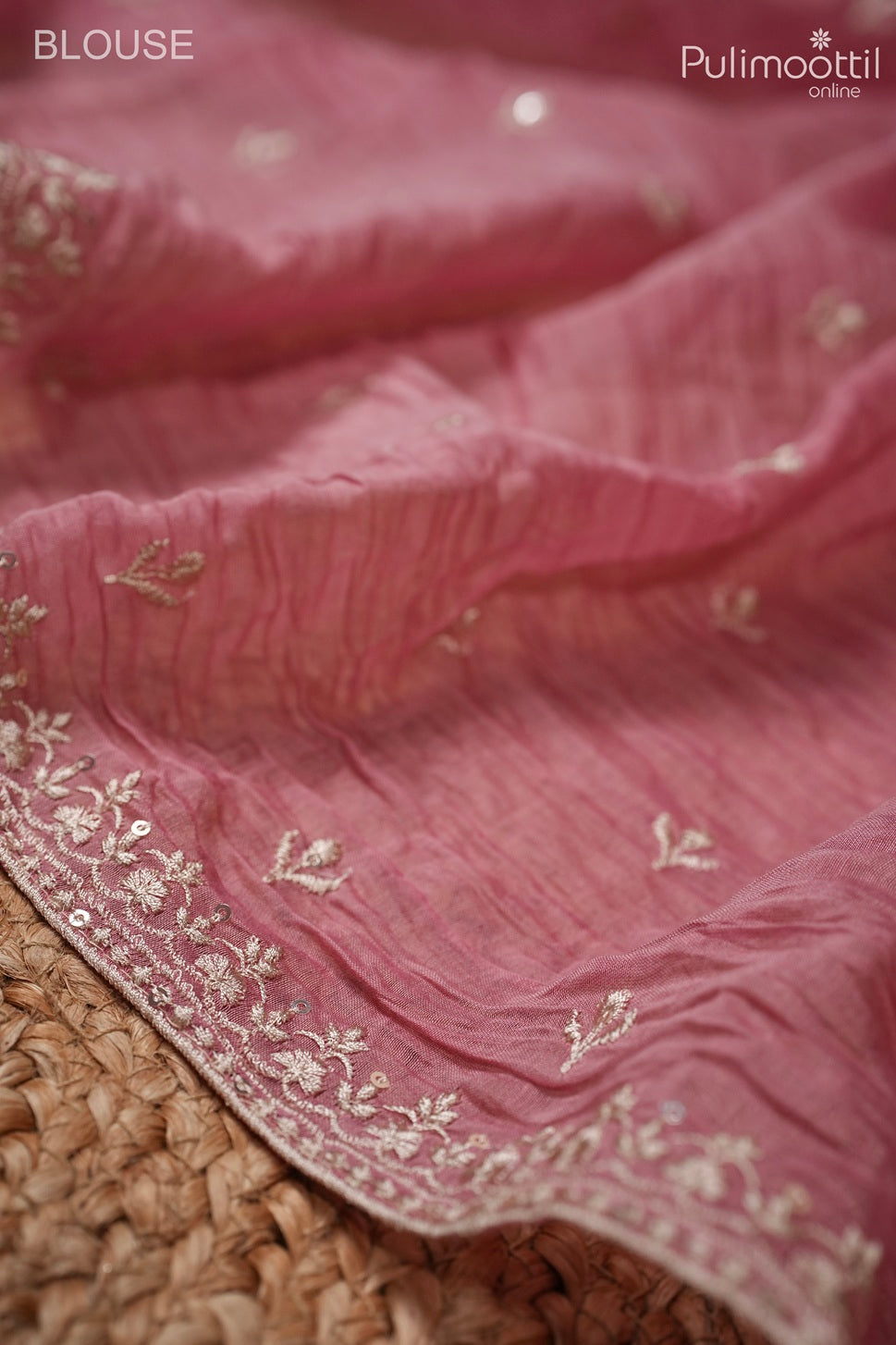 Peach pink color crushed Chanderi silk saree