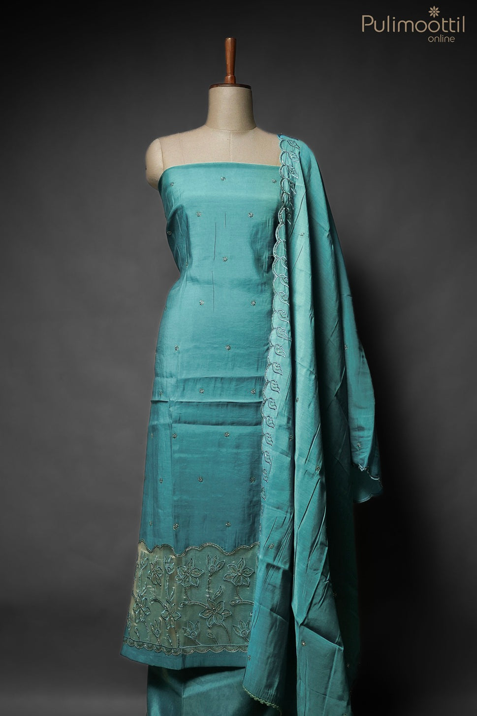 DARK SKY BLUE BLENDED CHANDERI UNSTITCHED SALWAR SET