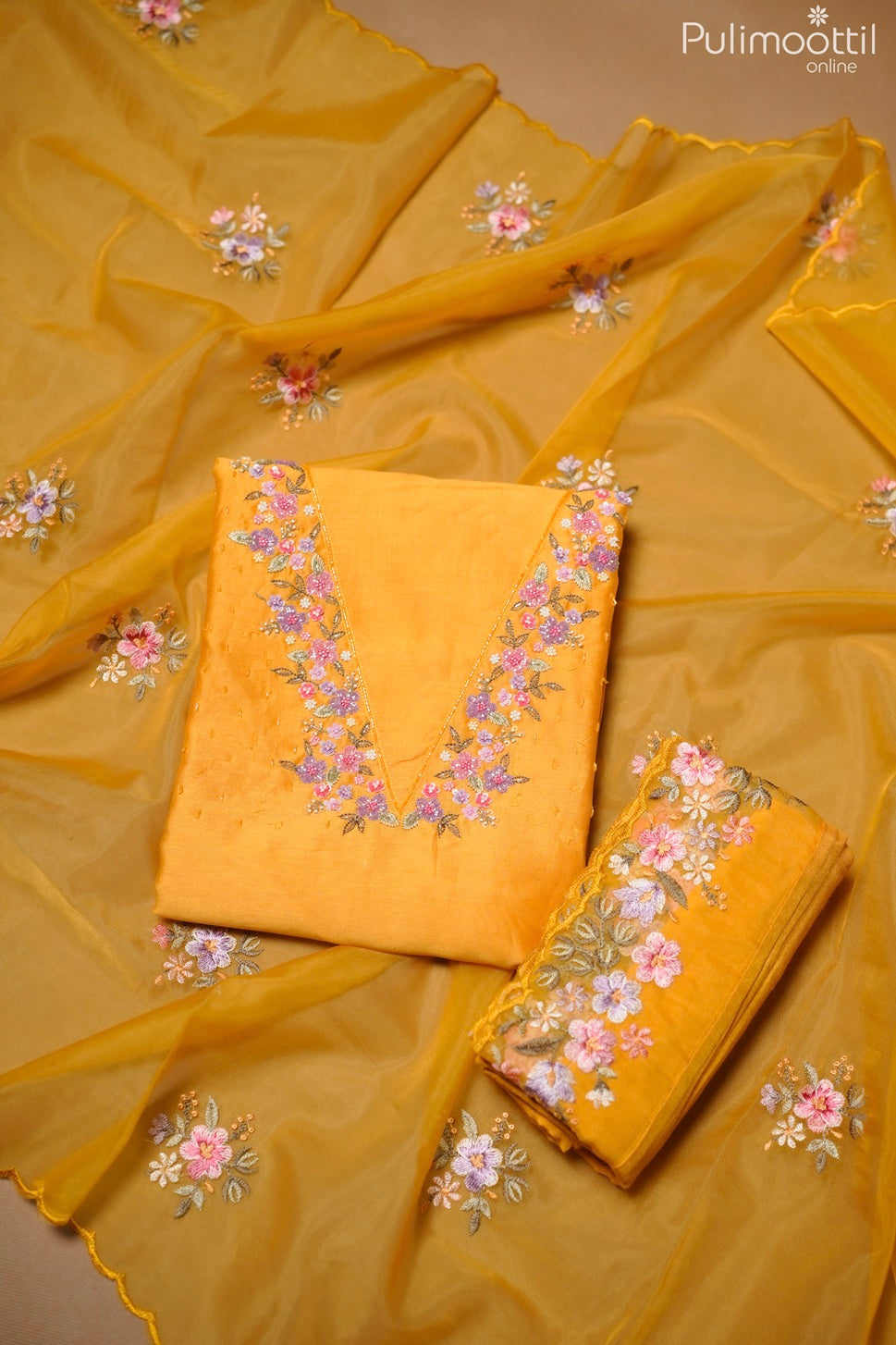 Mustard Yellow Chanderi Unstitched Salwar Set