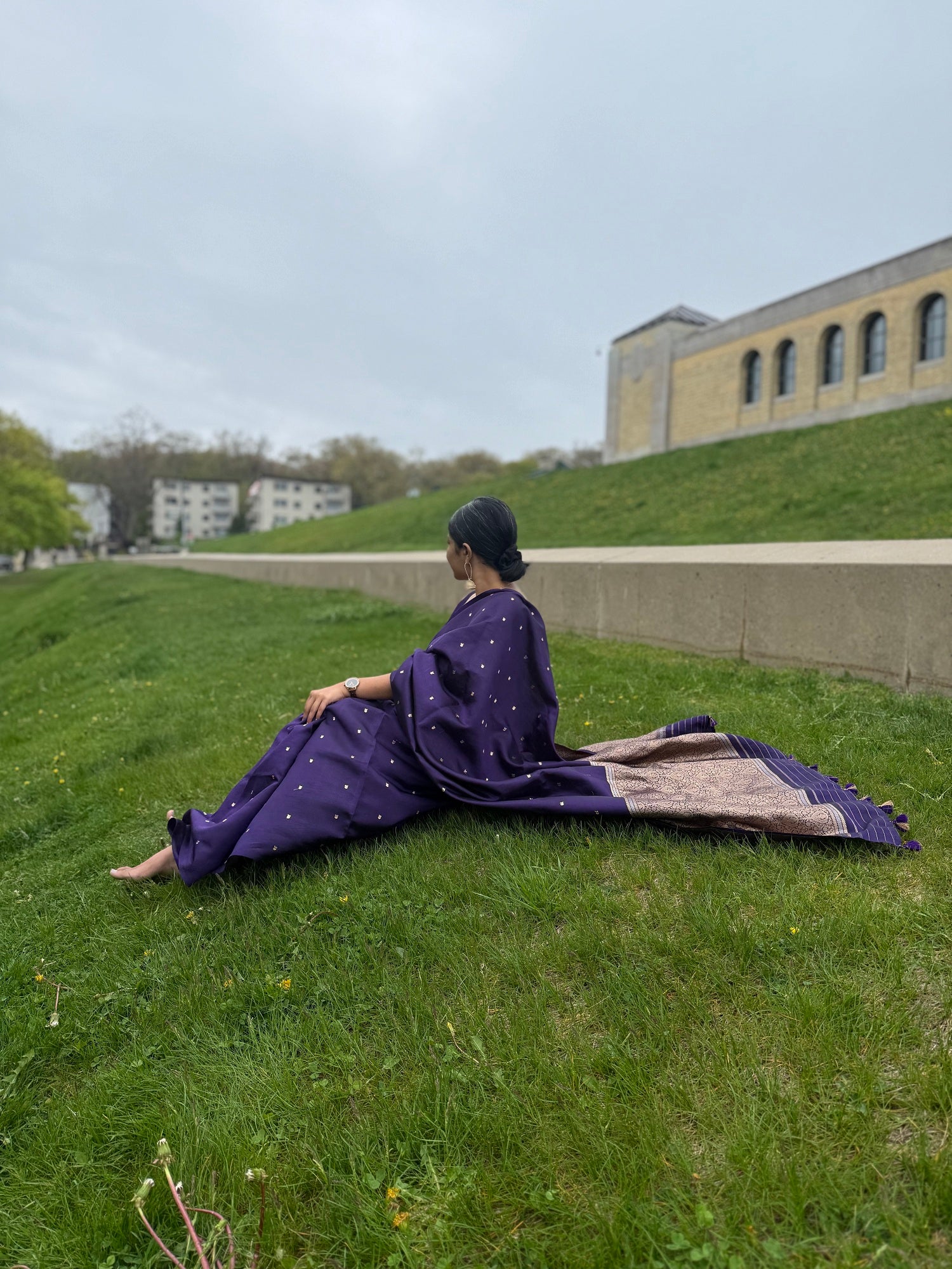 Elegant Deep Purple Mango Silk Saree with golden motifs, ideal for weddings and festive occasions – buy online.