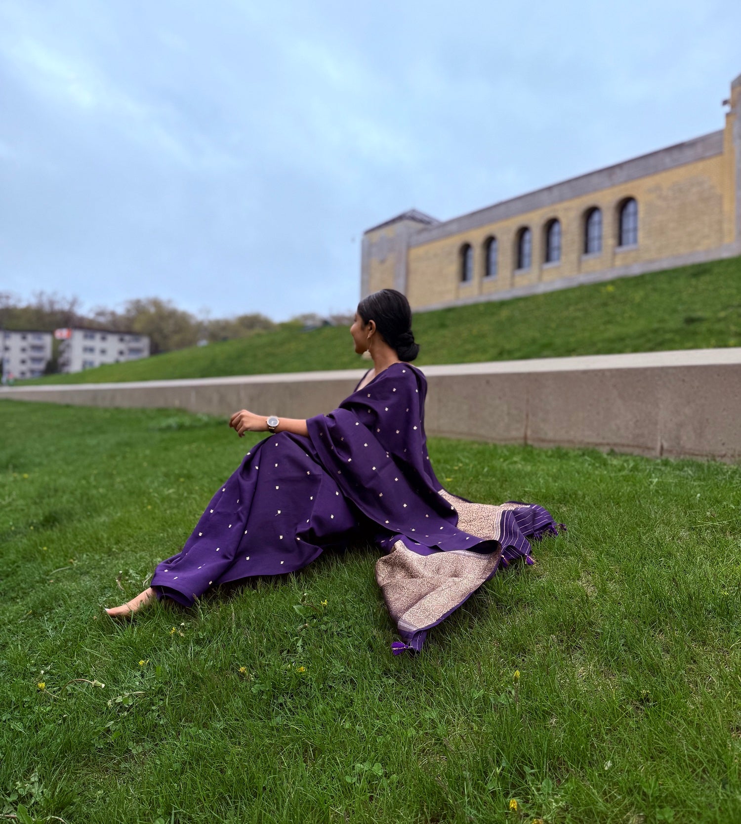 Back view of Deep Purple Mango Silk Saree with zari border – party wear and wedding saree available online.
