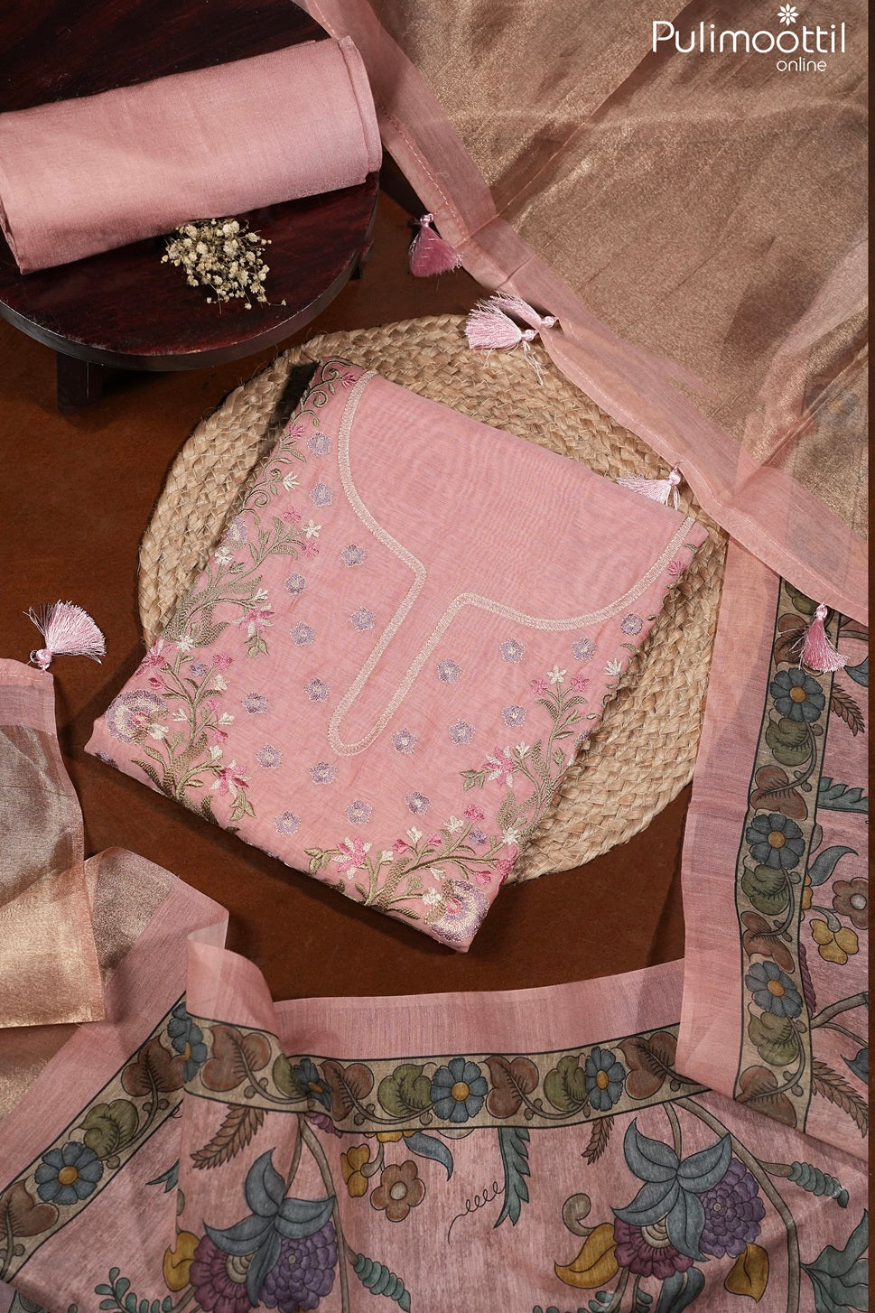 Peach Pink Chanderi Unstitched Salwar Set