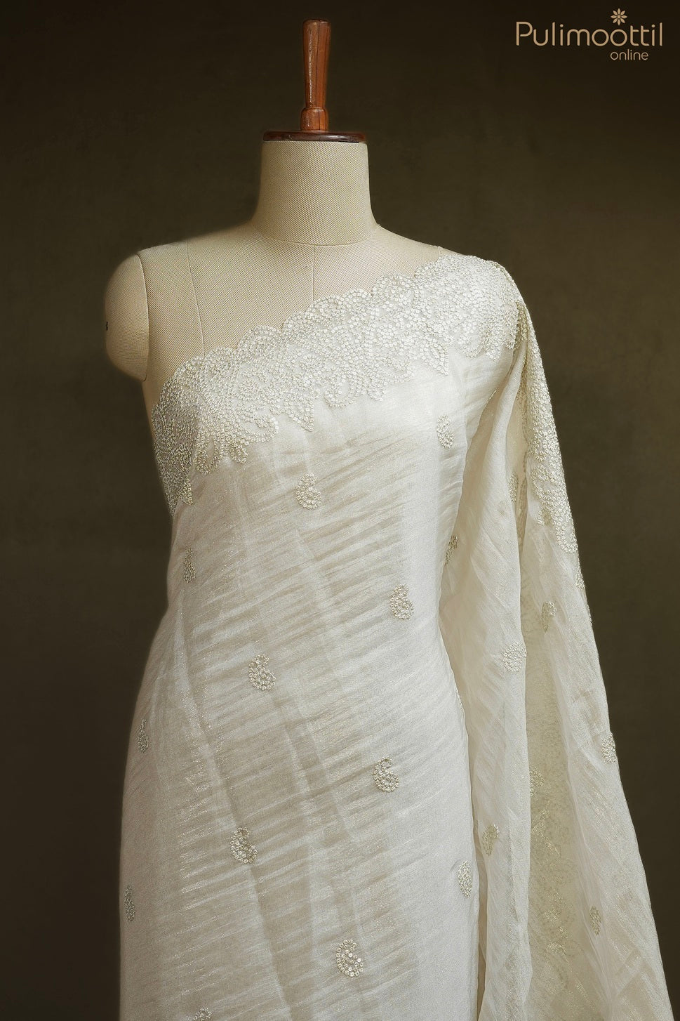 Pastel olive golden tissue crushed organza fancy saree