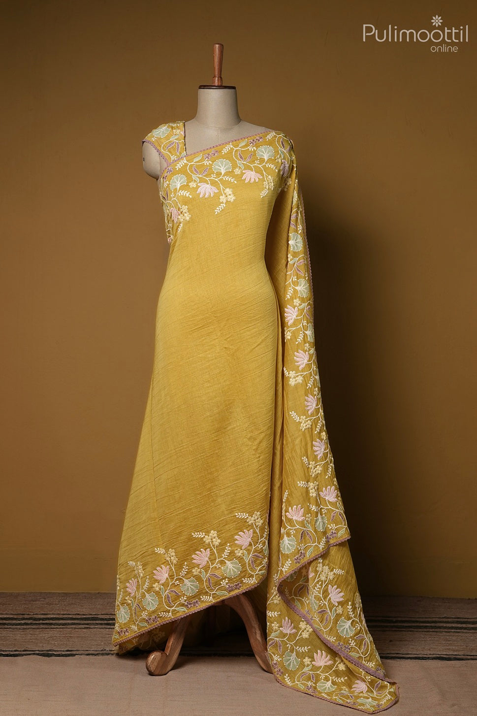 Olive yellow color crushed Chanderi silk saree