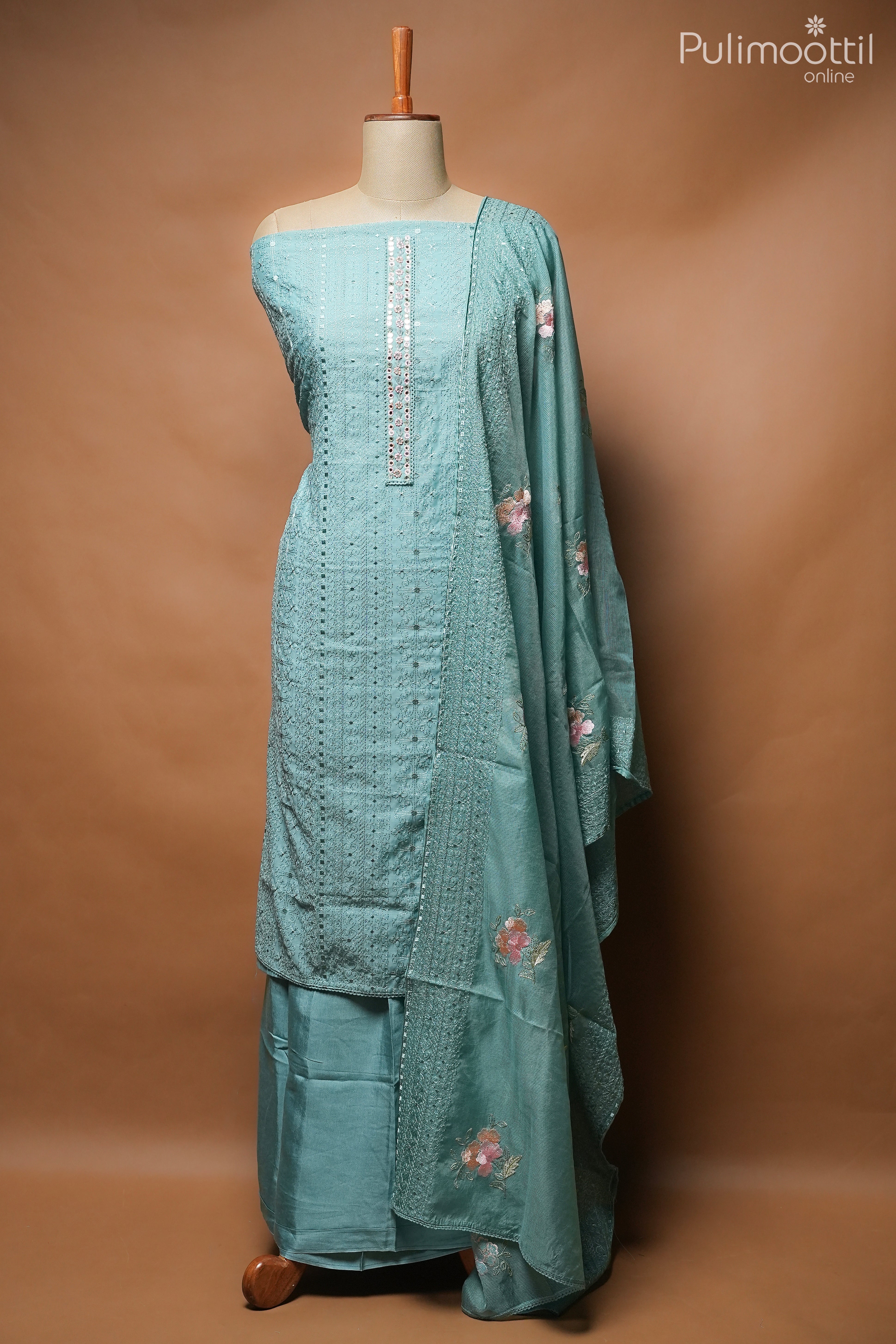 Light Peacock Green Semi Chanderi Unstitched Salwar Set