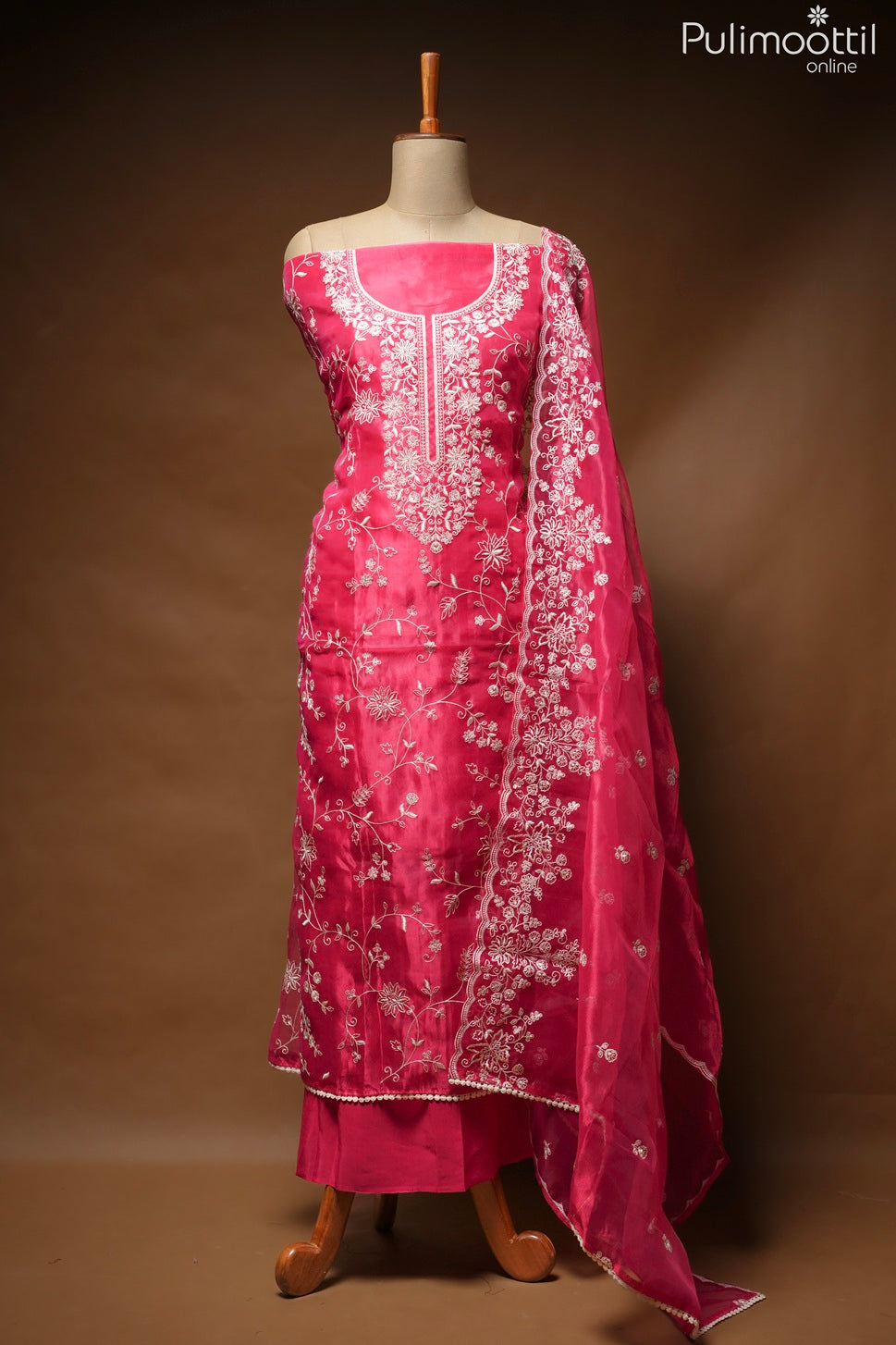 Rani Pink Organza Unstitched Salwar Set