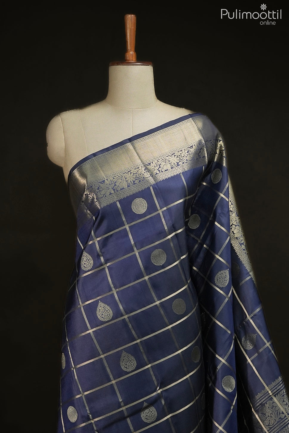 Dark blue color Kanchipuram designer saree