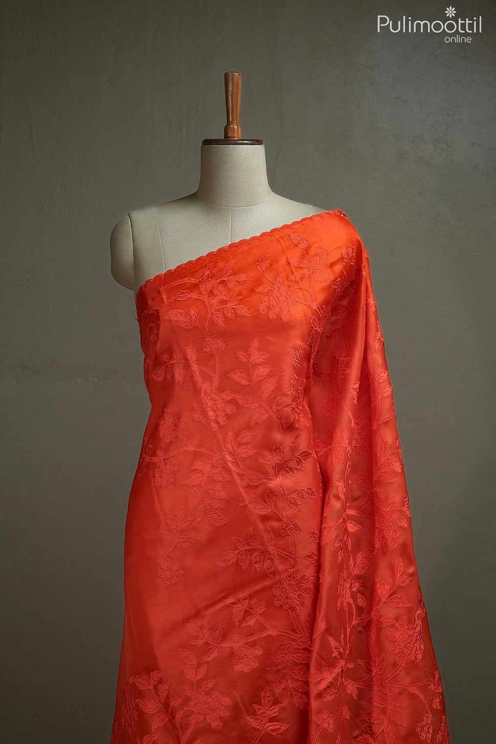 Deep orange color organza fancy saree