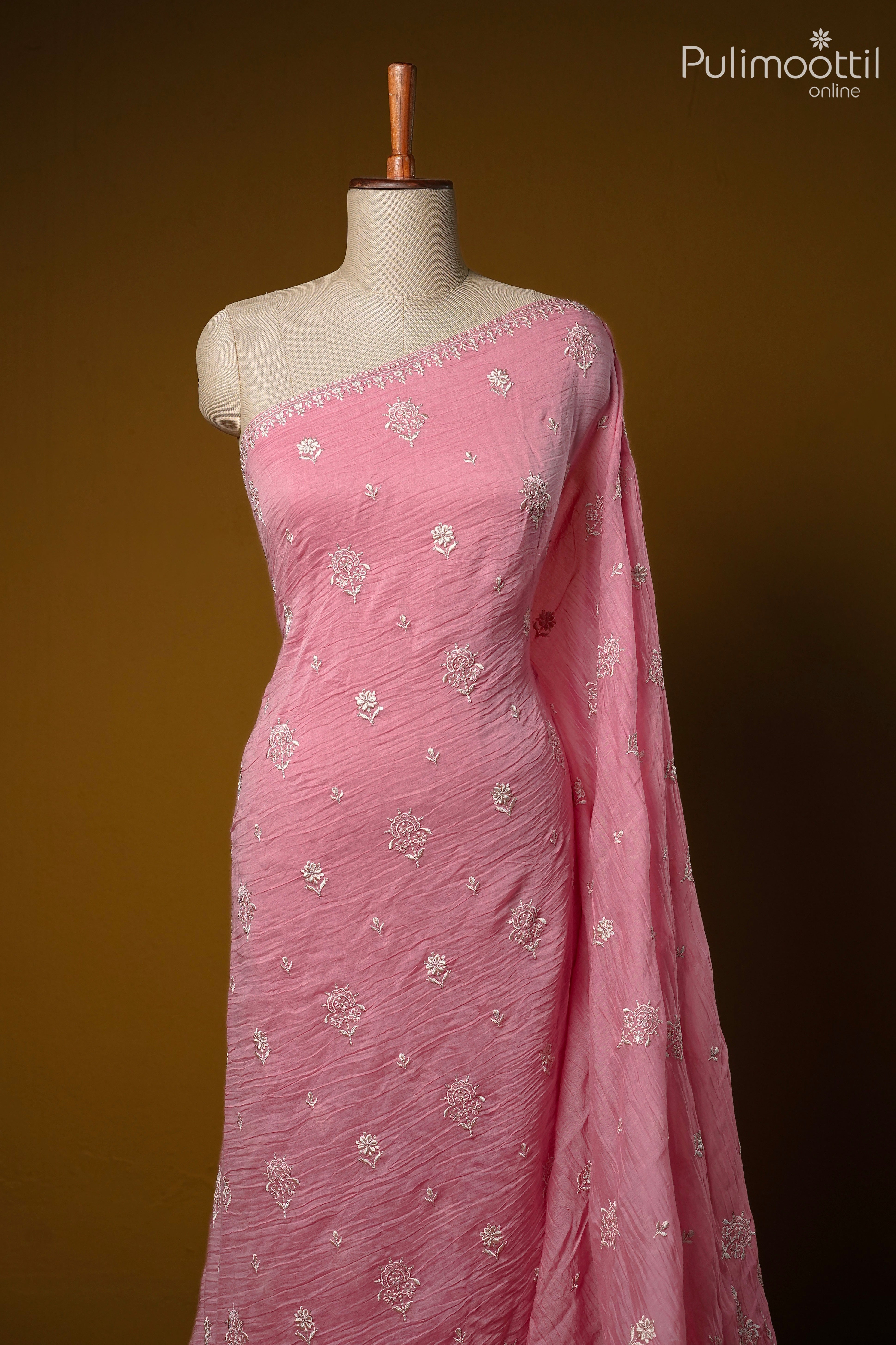 Peach pink color crushed Chanderi silk saree