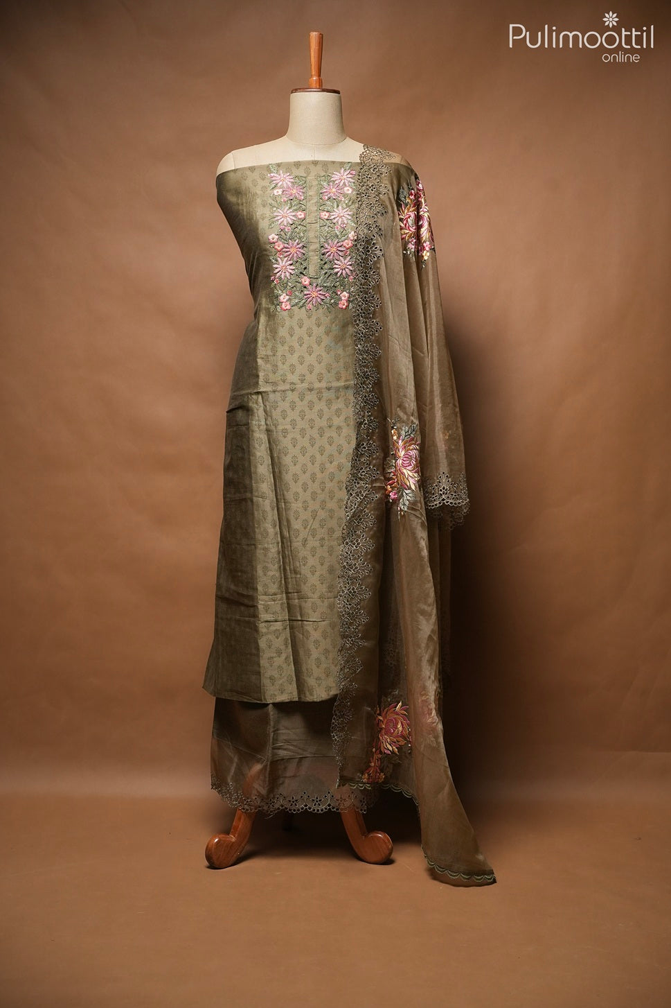 Olive Green Chanderi Unstitched Salwar Set