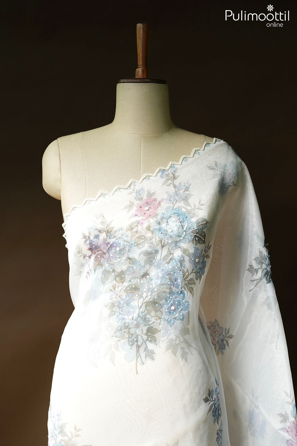 White color organza floral printed fancy saree