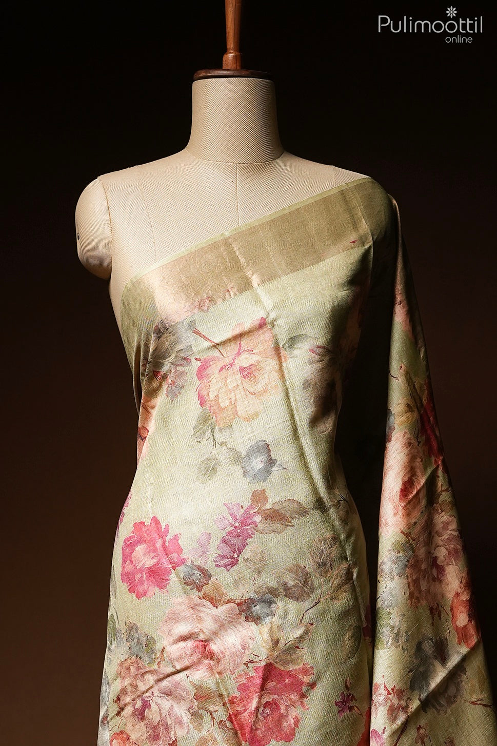 Pastel olive green color Tussar silk saree