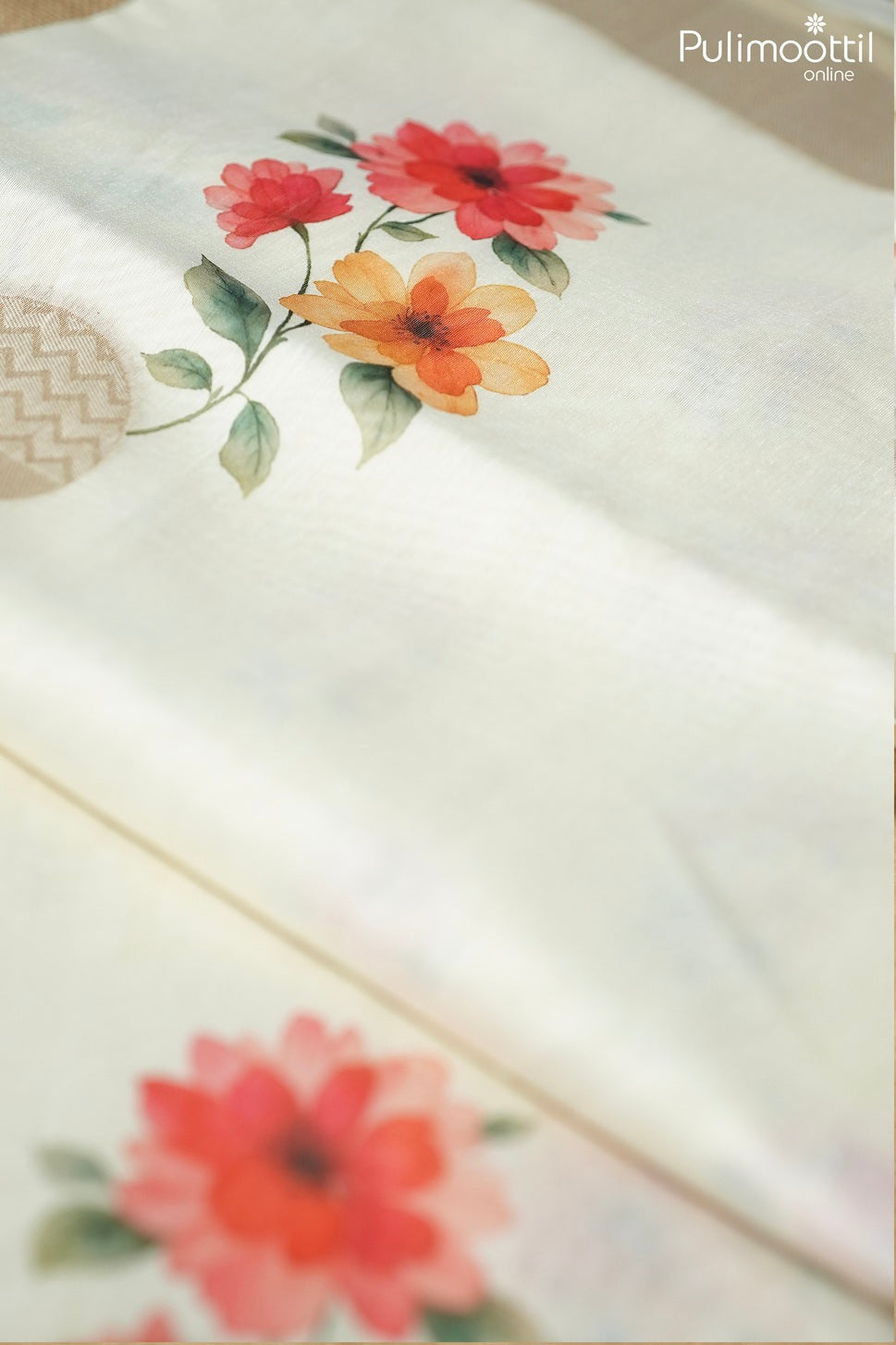 Off white color semi Chanderi printed fancy saree