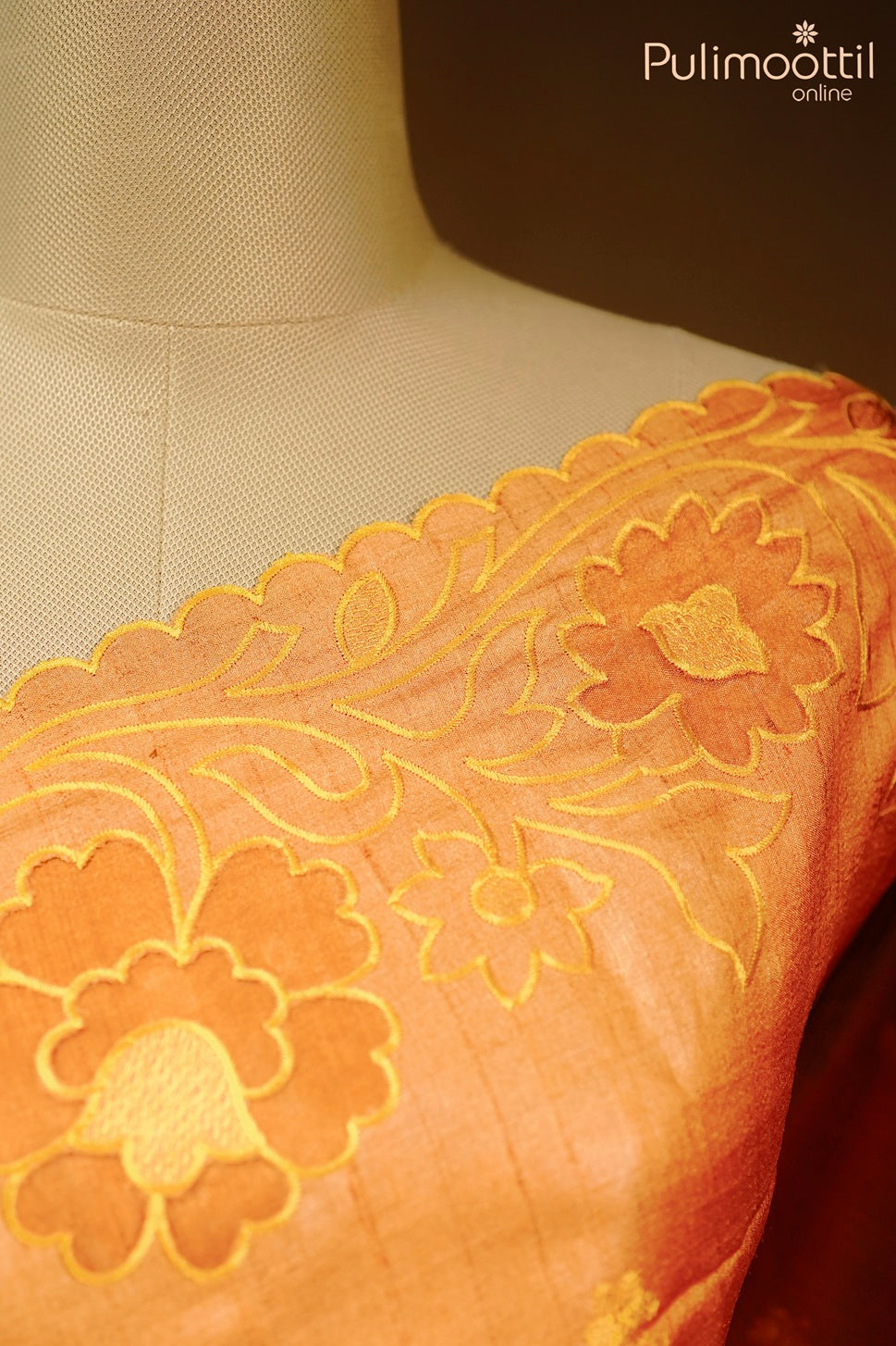 Golden yellow color appliqué work Tussar silk saree