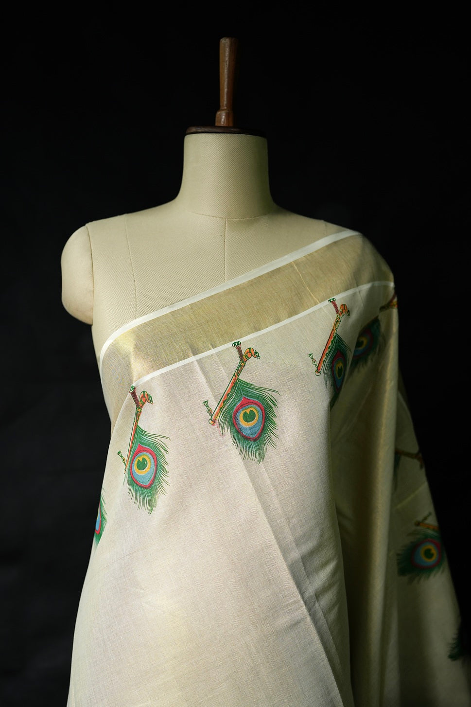 Kerala traditional golden tissue peacock printed set saree