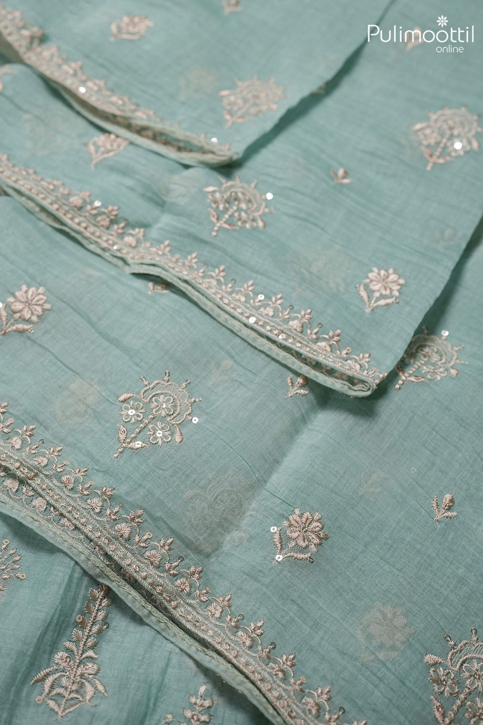 Light mint blue color crushed Chanderi silk saree
