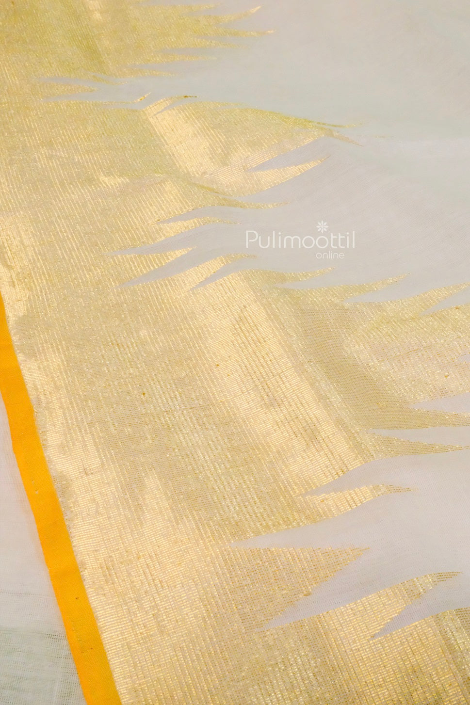 Artistic indoor shot showing the drape and flow of Kerala kasavu saree with rich temple border and pallu tassels