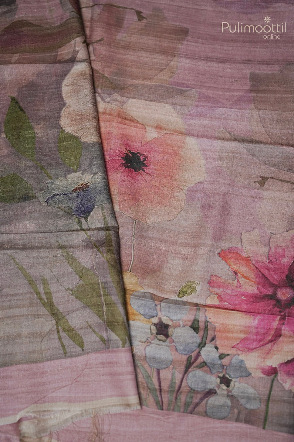 Pastel Onion Colour Printed Tussar Silk Saree