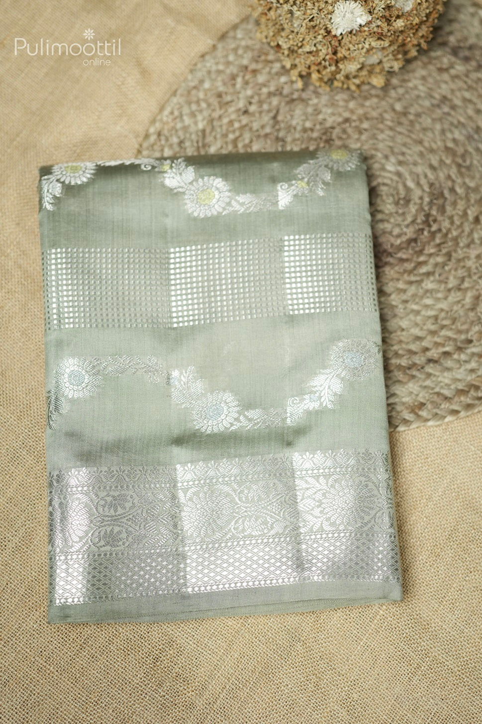 Pastel Olive Green Colour Chiniya Silk Saree