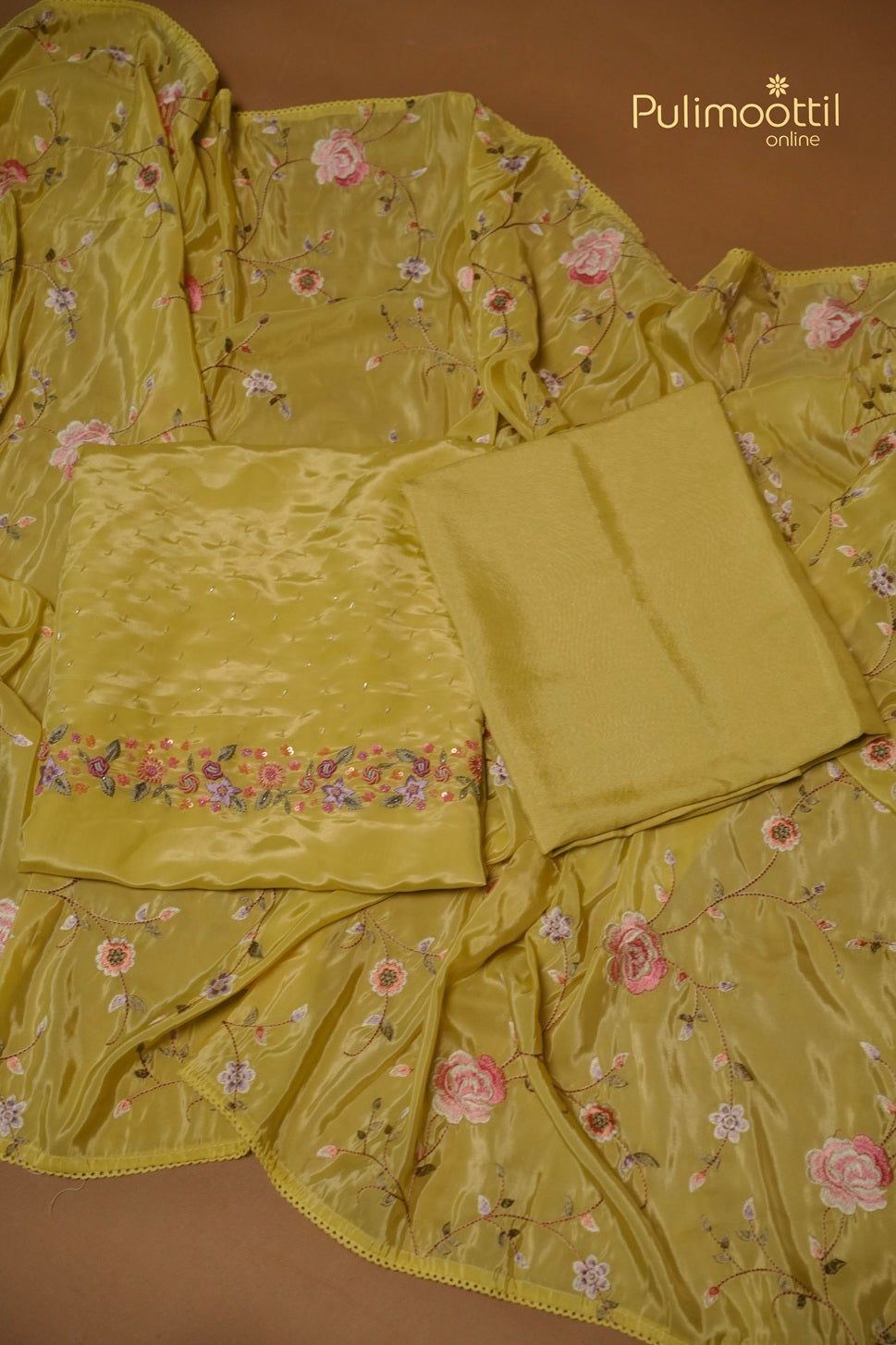 Yellow Green Cripe Silk Unstitched Salwar Set
