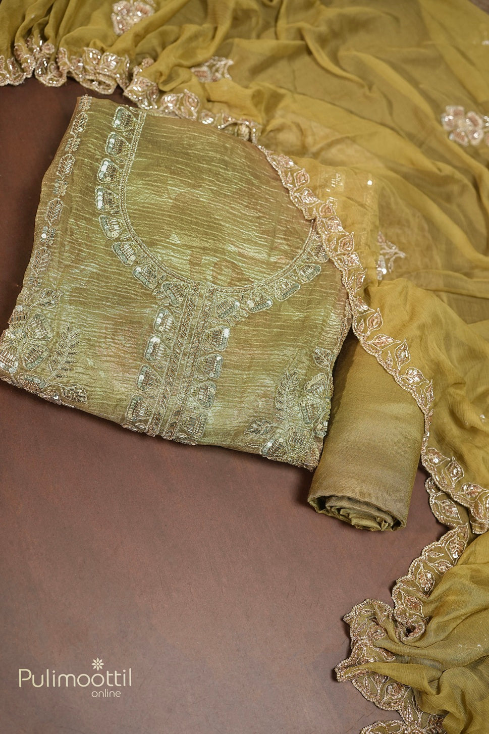 Light Olive Green Crushed Organza Unstitched Salwar Set