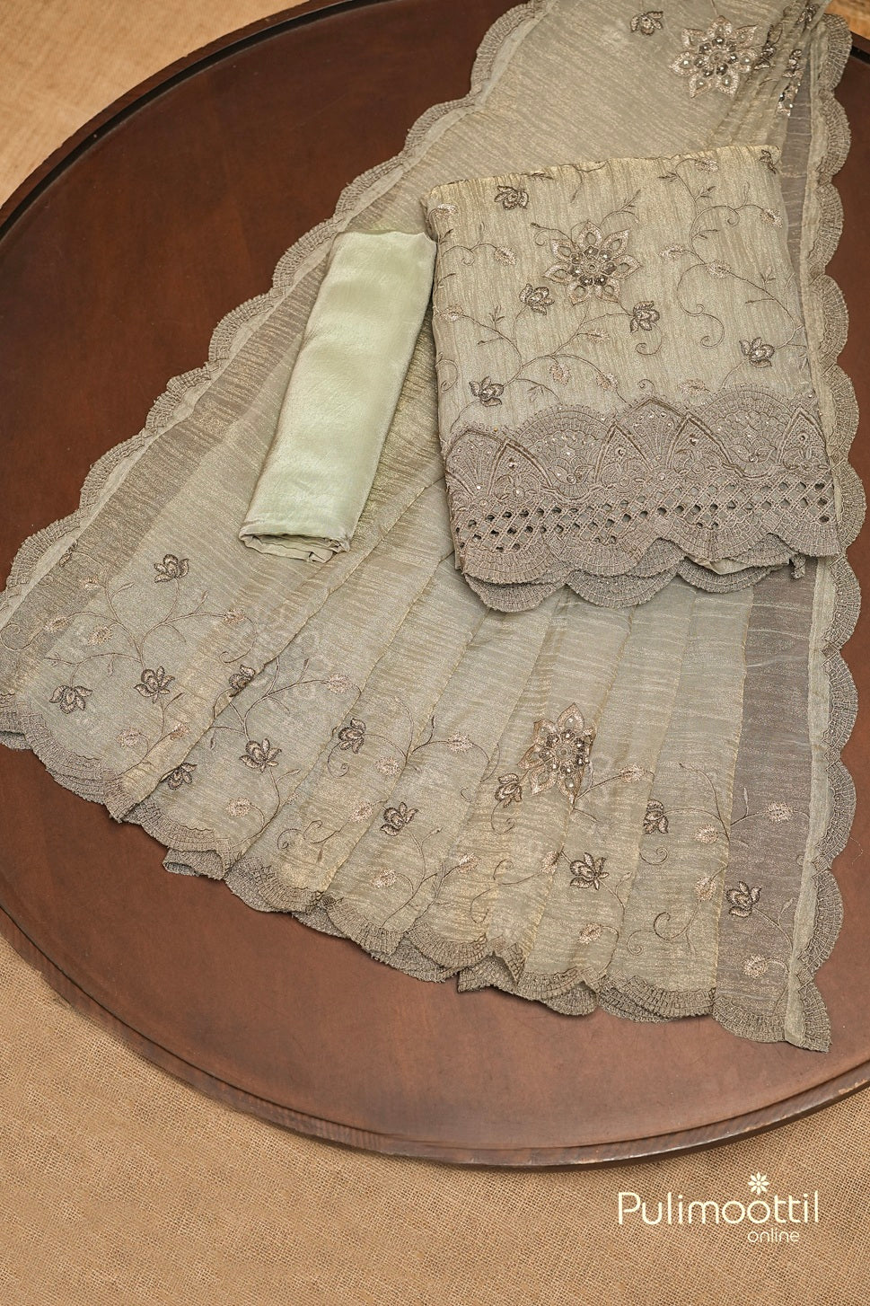 Pastel Olive Green Crushed Tissue Organza Unstitched Salwar Set