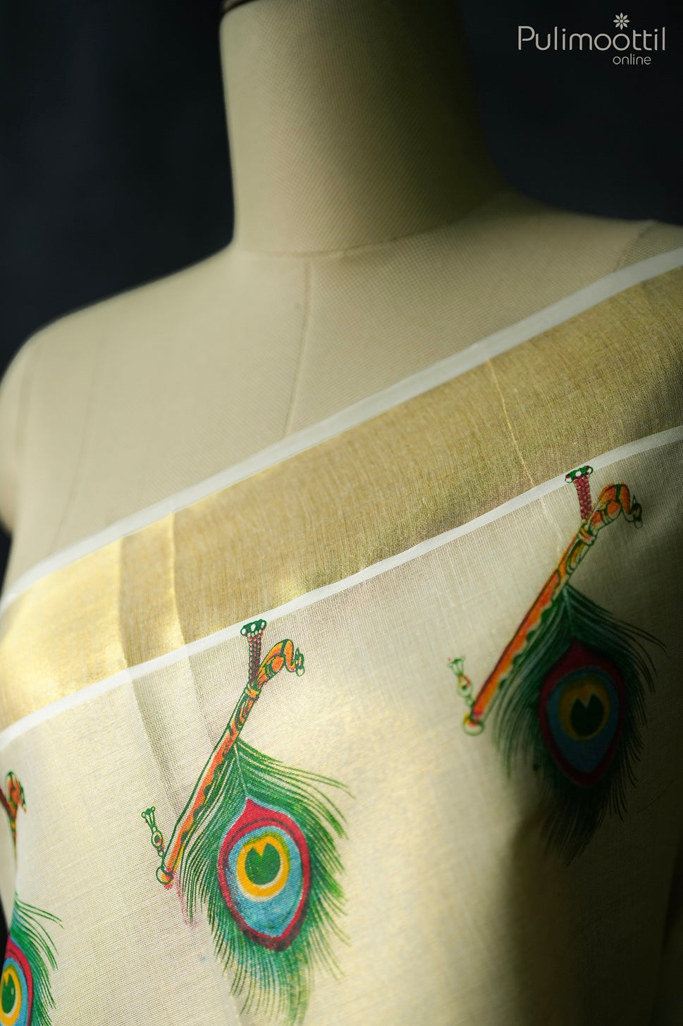 Kerala traditional golden tissue peacock printed set saree