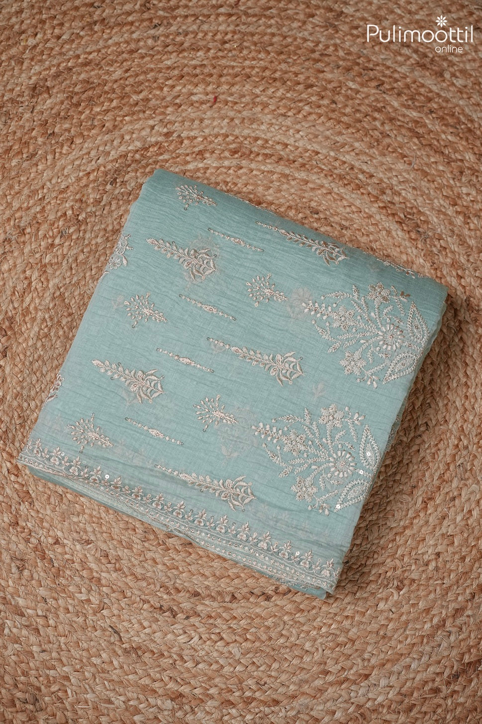 Light mint blue color crushed Chanderi silk saree