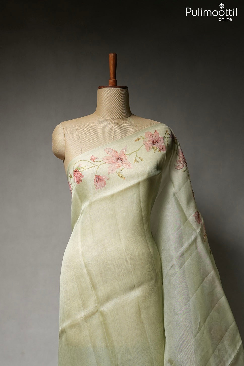 Pastel green color organza saree