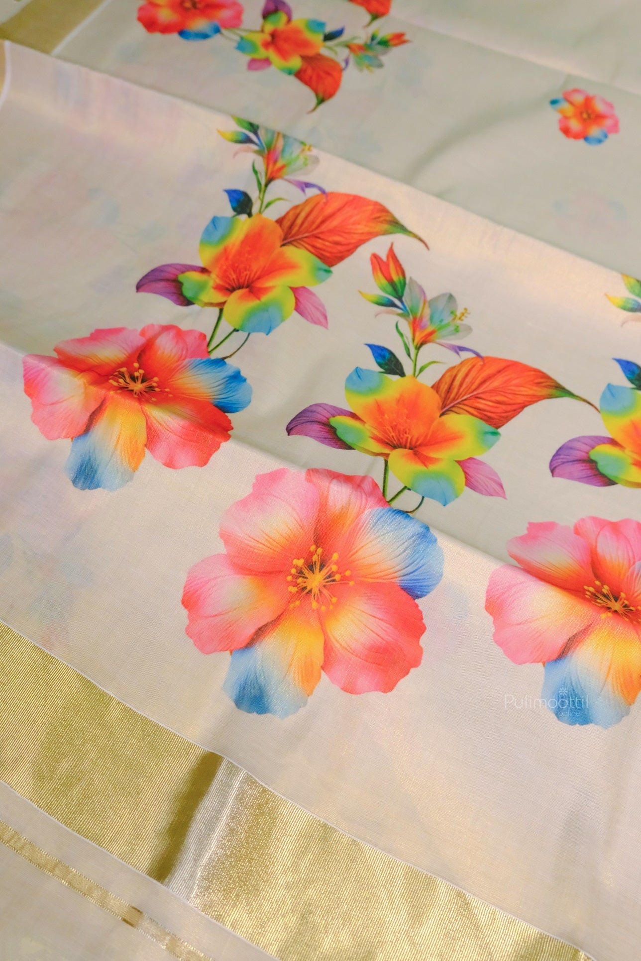Golden Kerala traditional tissue saree with bold floral print and elegant zari border design