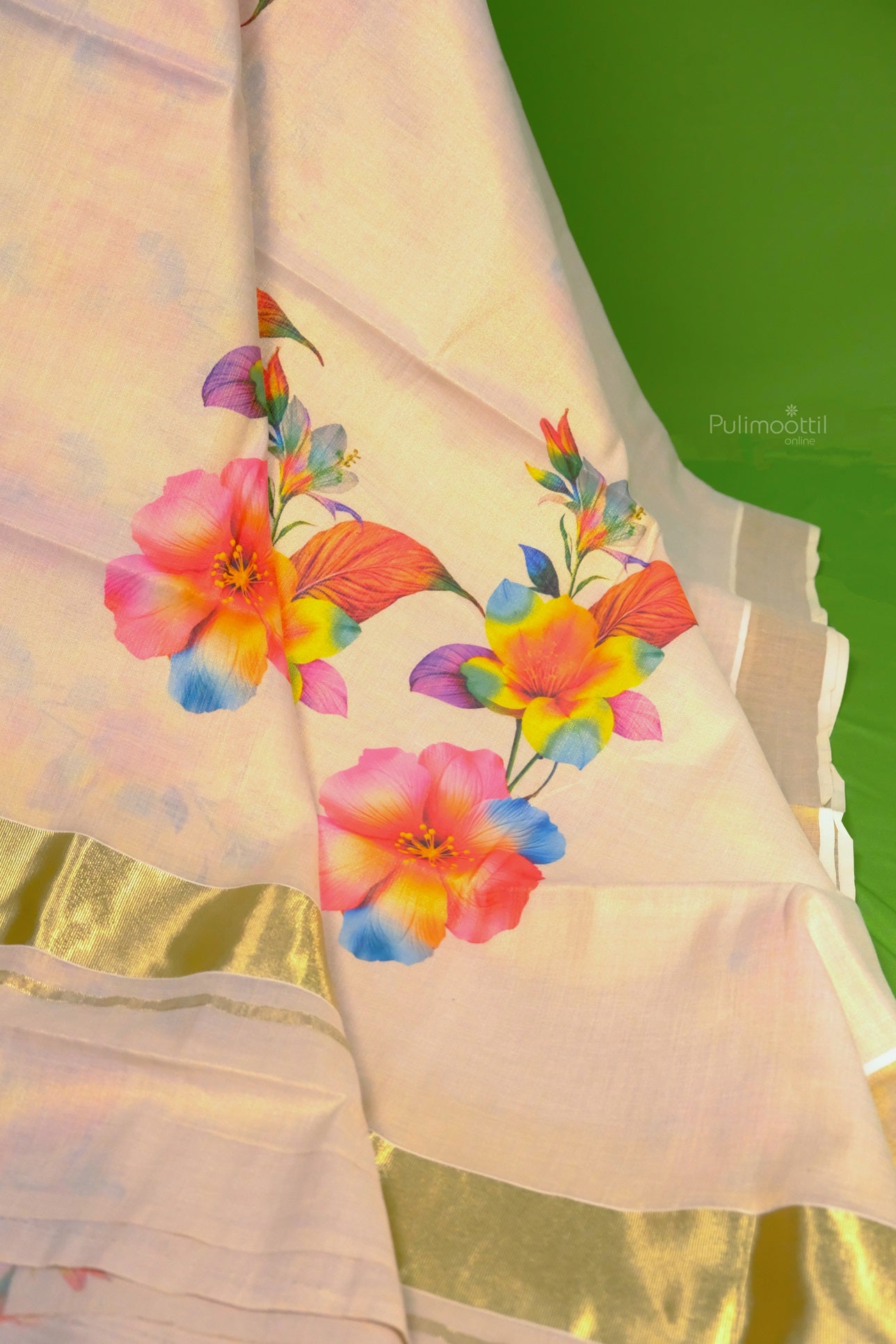 Golden Kerala traditional tissue saree with bold floral print and elegant zari border design