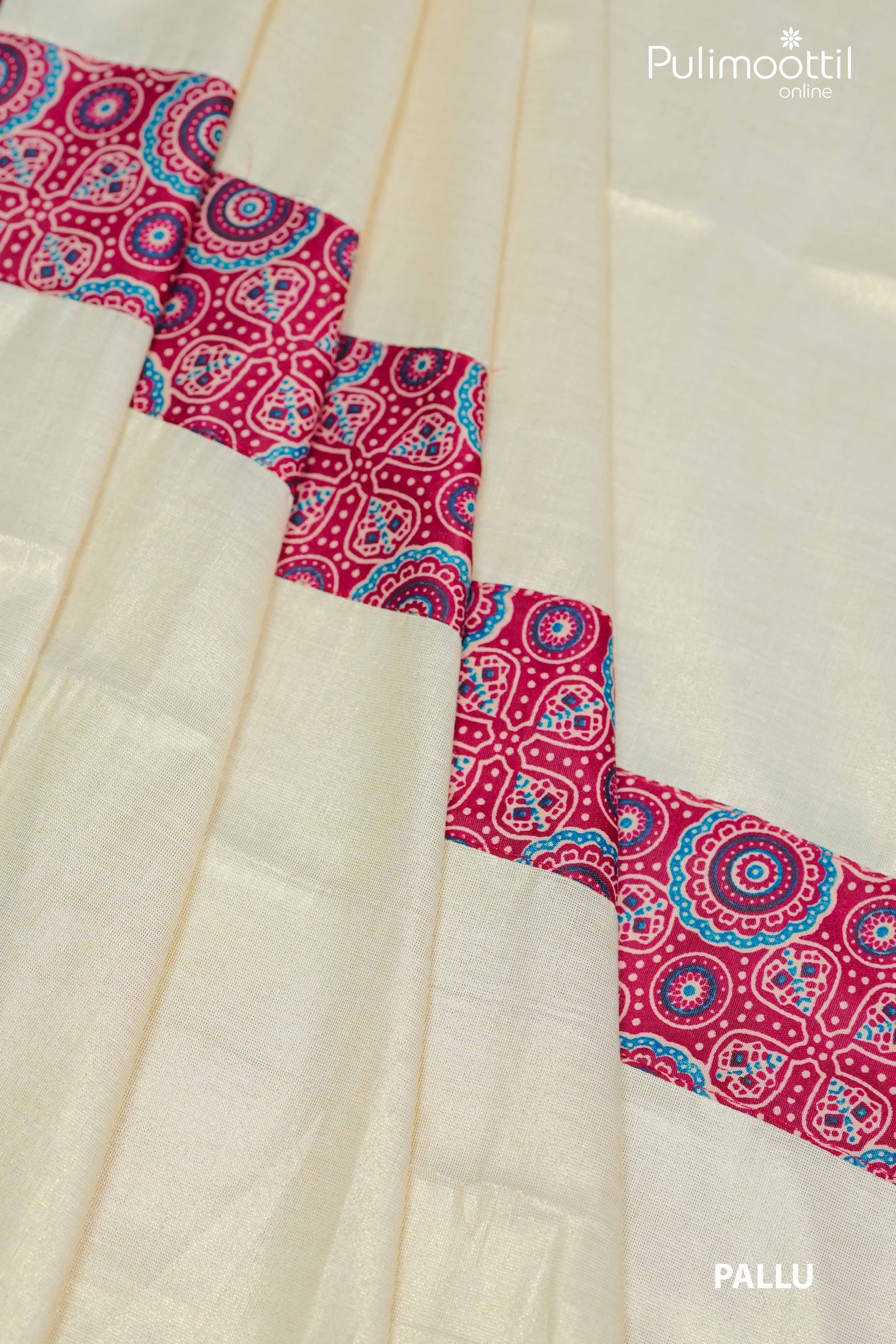 Golden tissue saree pallu with horizontal maroon Ajrakh printed design, featuring intricate circular and geometric motifs.
