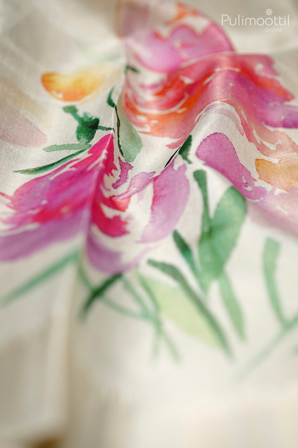 Close-up of cream tissue saree with hand-painted style floral print in pink, orange, and green shades on the body.