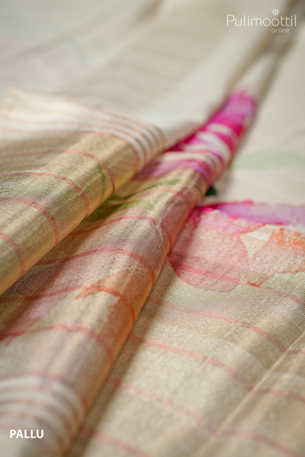 Cream tissue saree pallu with pastel golden checks and multicolour floral print in pink and orange shades.