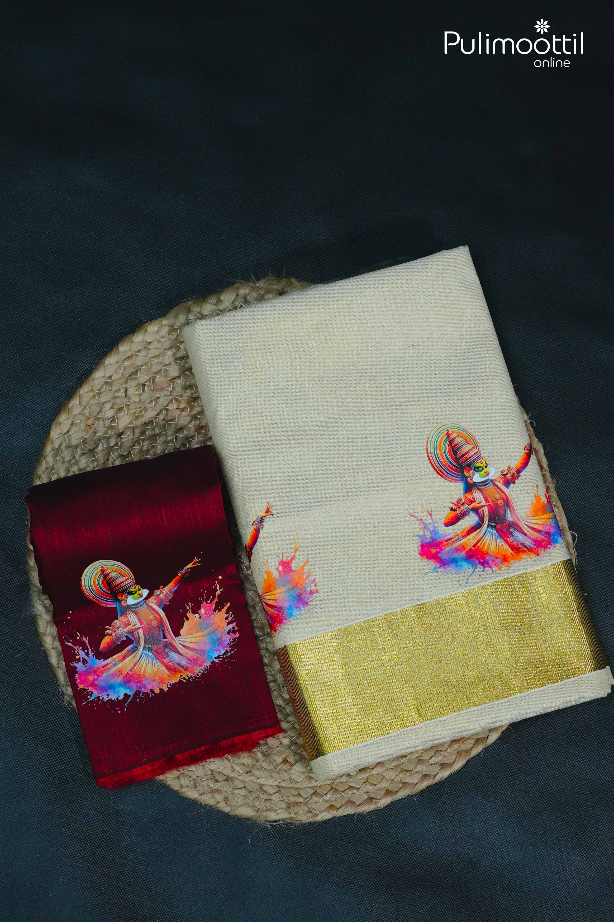Cream‑gold Kerala tissue saree and maroon blouse piece side by side on flat lay: saree body featuring bold Kathakali dance digital prints, golden kasavu tissue border, and contrasting maroon printed blouse piece with Kathakali motif.