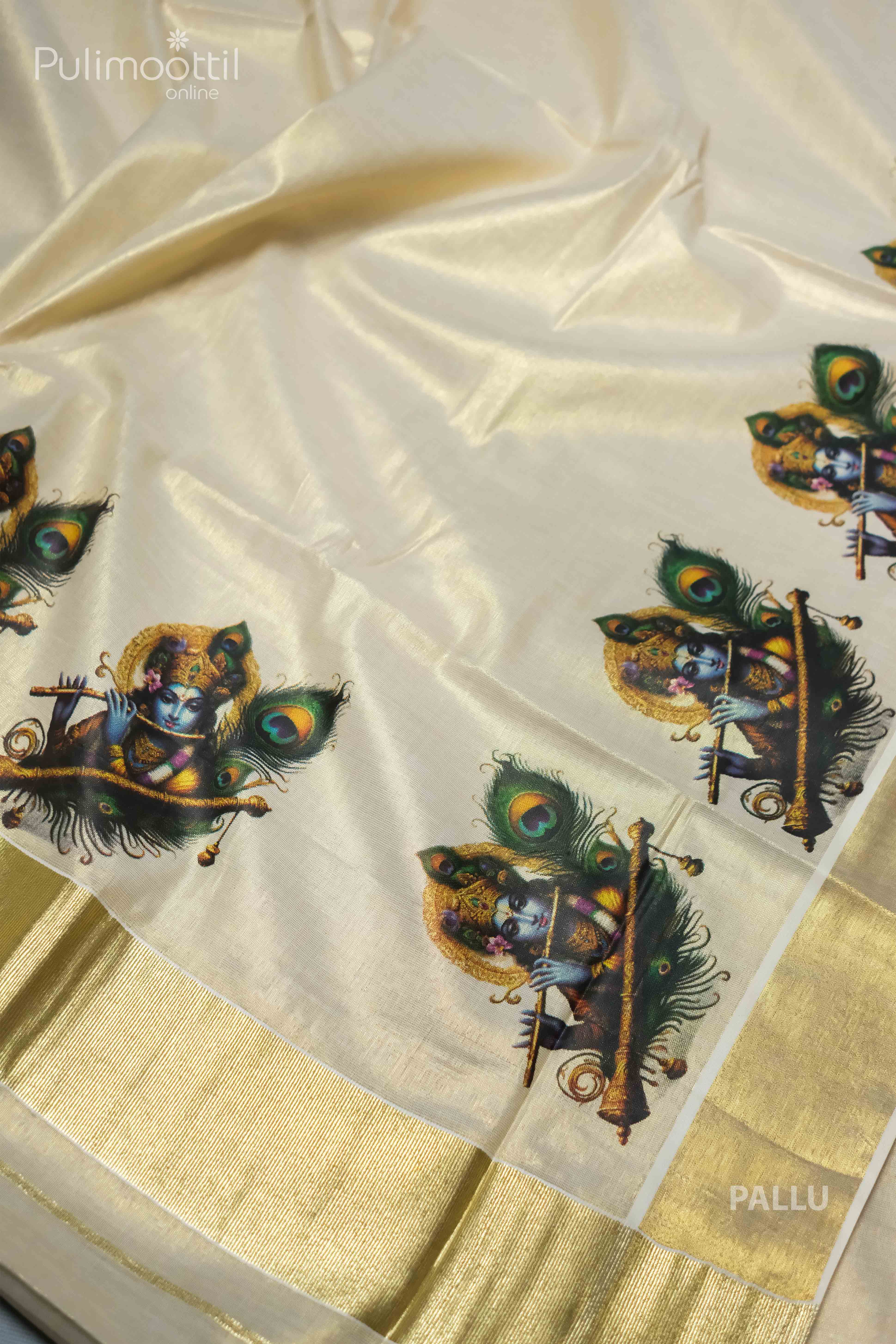 Golden tissue Kerala saree pallu with repeated Krishna print design and vibrant peacock feather motifs, enhanced with a broad shimmering golden kasavu border