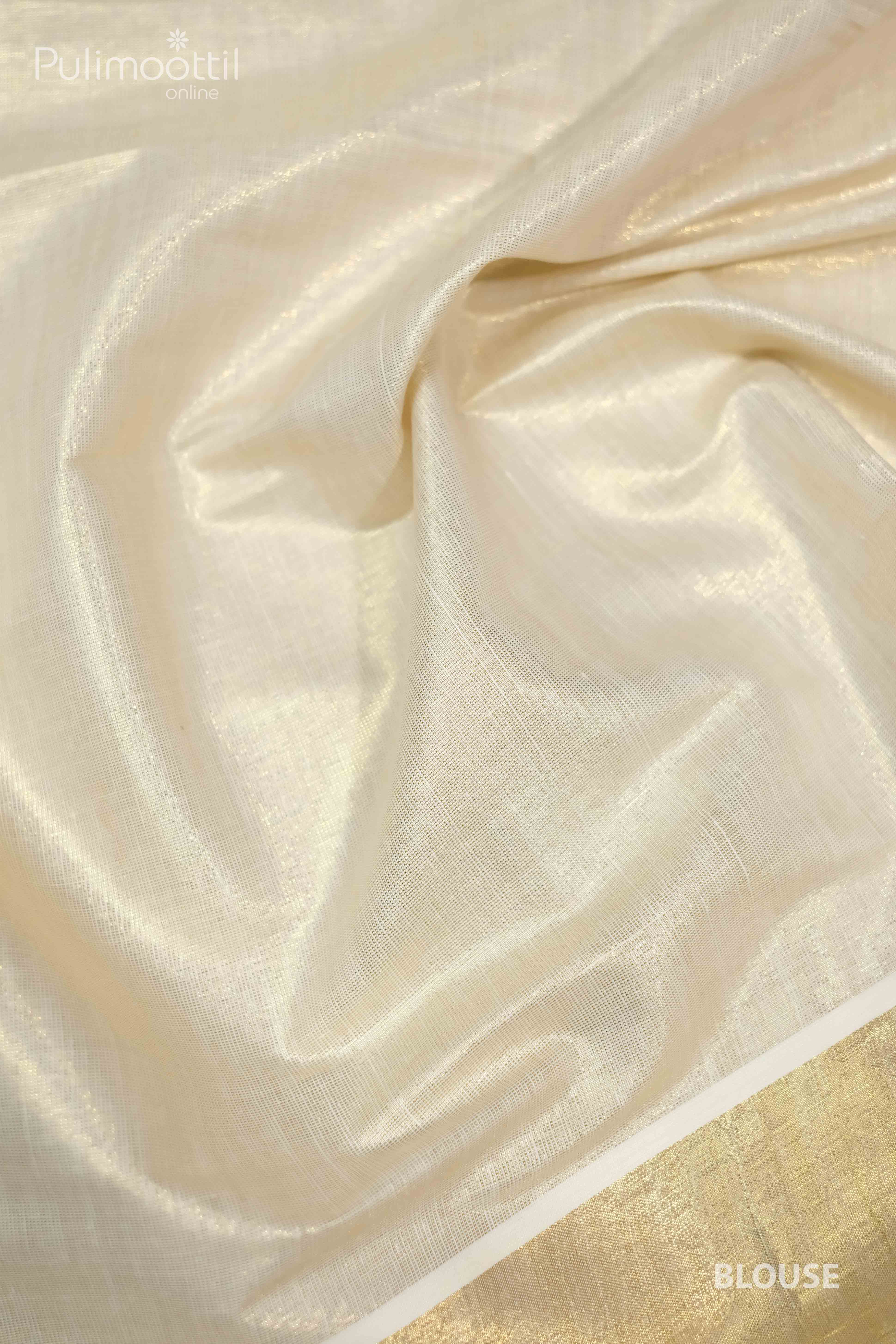 Plain golden tissue blouse piece with subtle shimmer and matching golden kasavu border, designed to complement Krishna print Kerala set saree.