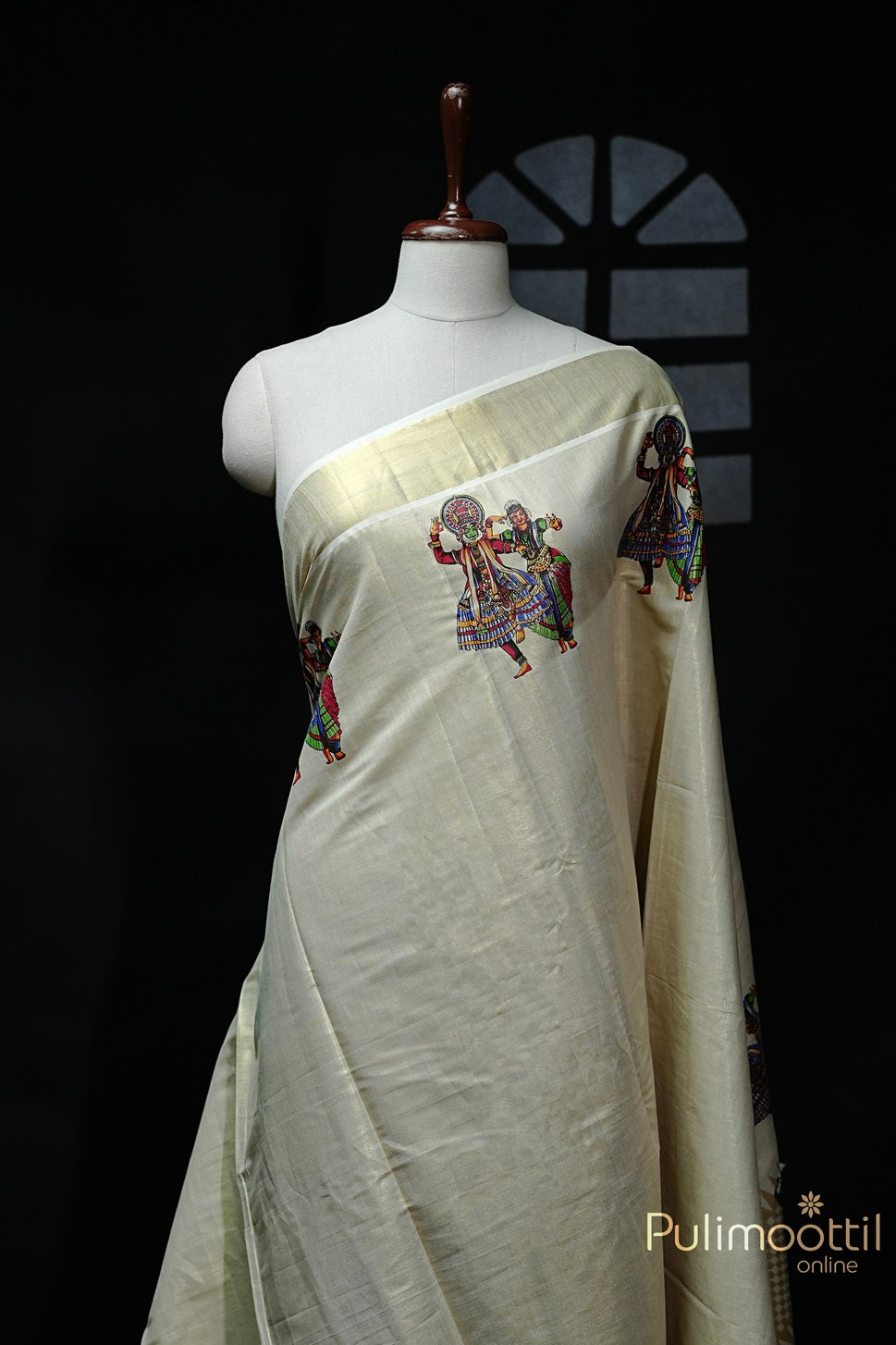 Golden Tissue Kerala Traditional Kathakali Mural Print Saree featuring Kathakali dance print on the pallu with a rich golden tissue border.
