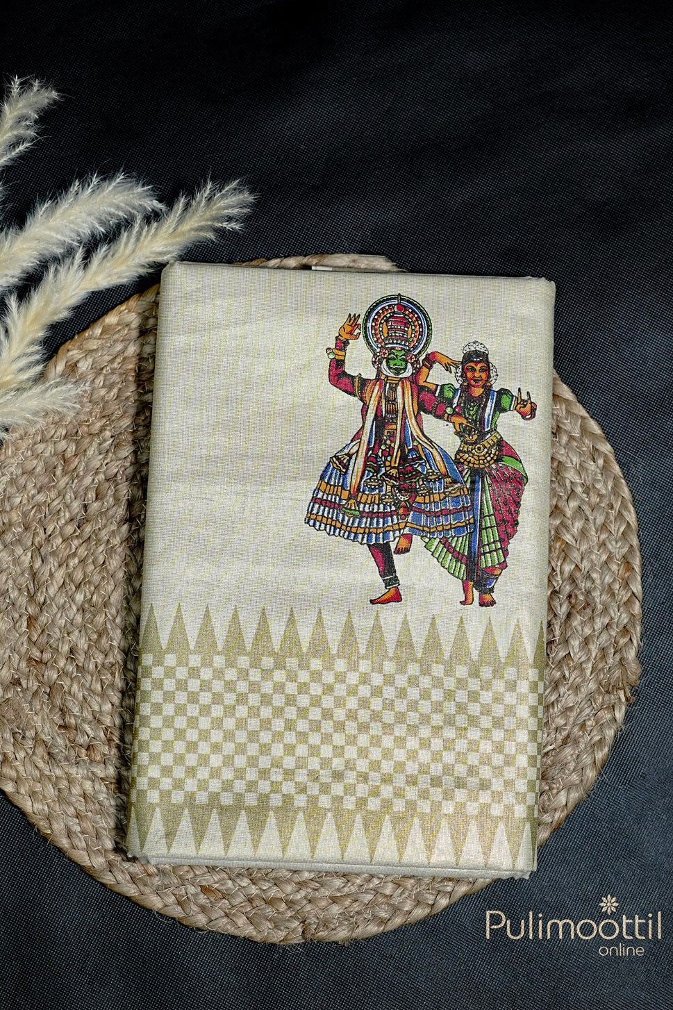 Folded Golden Tissue Kerala Traditional Kathakali Mural Print Saree featuring Kathakali dancers print and geometric golden tissue border.