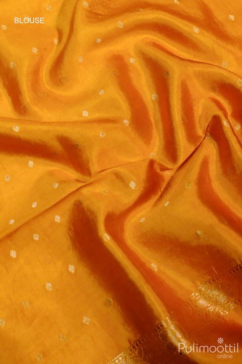 "Close-up of Golden Yellow Blouse with Zari Floral Design, Complementing the Mango Saree.