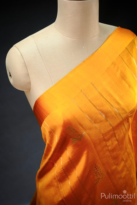 Golden Yellow Mango Saree with Geometric Pattern Lines and Zari Floral Design Draped on a Dress Form.