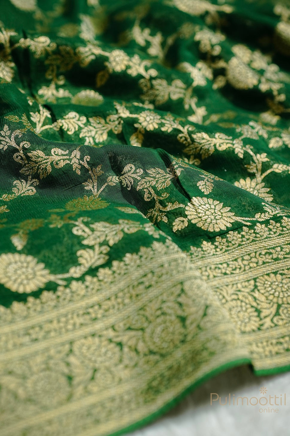 Close-up view of Green Colour Pure Georgette Banarasi Saree with Golden Floral Creeper Design and Intricate Weaving Details