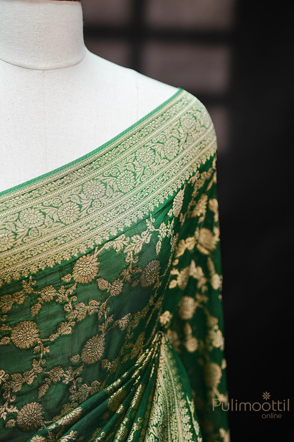 Green Colour Pure Georgette Banarasi Saree with Golden Floral Design and Intricate Border