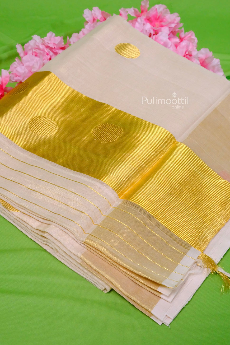 Pure Handloom Kerala Cotton Saree with Golden Kasavu Tissue Border and Polka Motif – Traditional Onam Saree